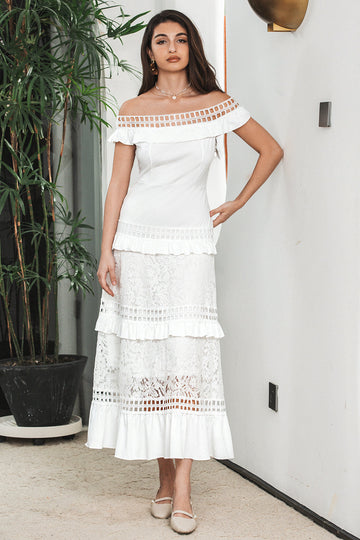Vestido de fiesta de compromiso boho largo escalonado blanco con encaje